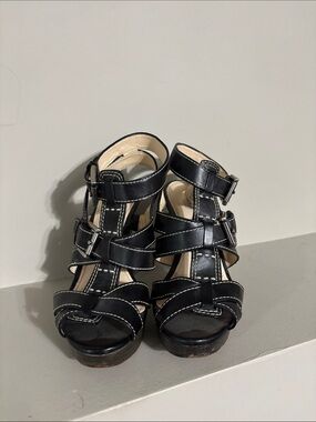 Coach Black Strappy Platform Heels with White Stitching